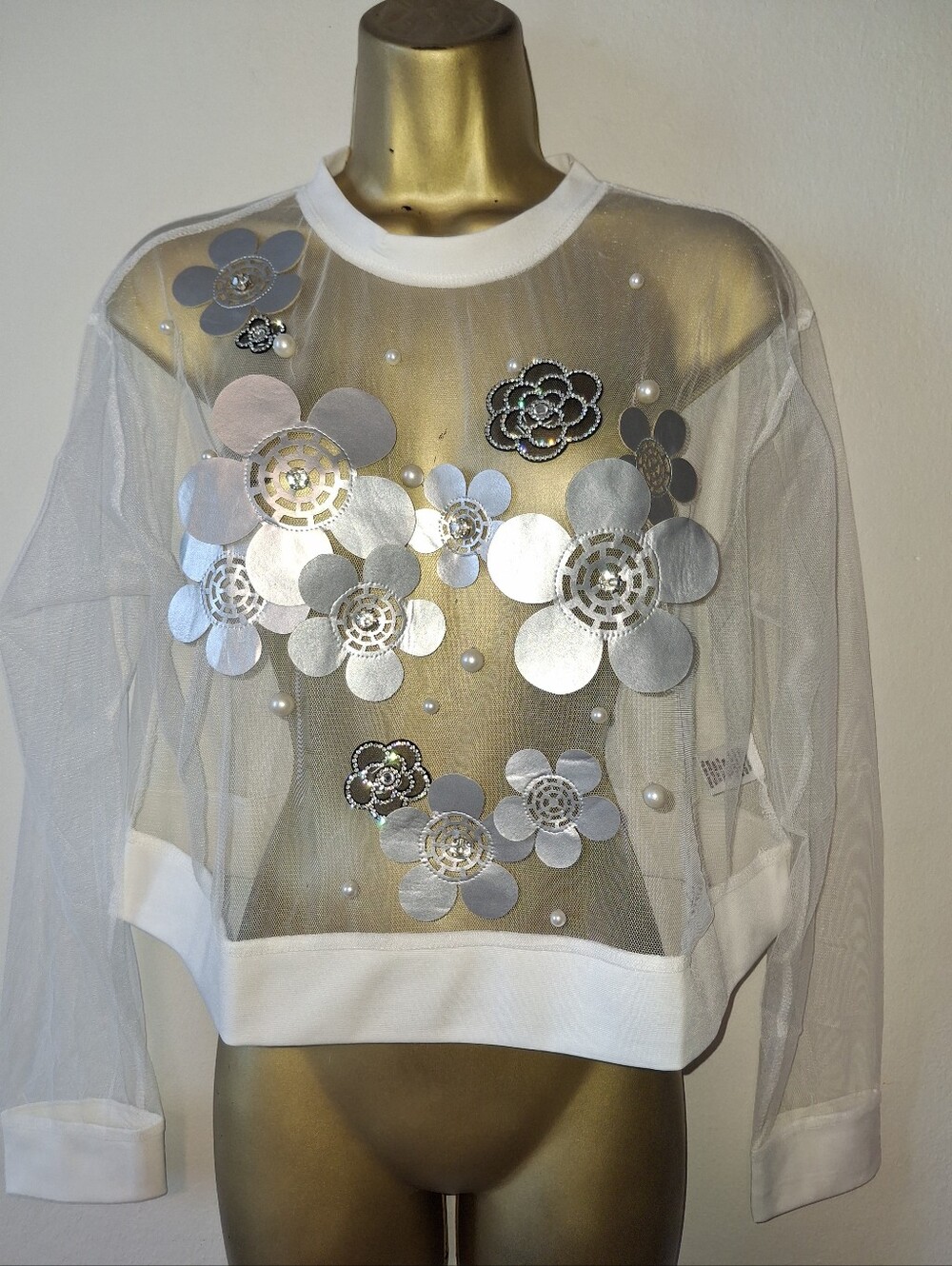 Sheer White Mesh Floral Appliqué Top